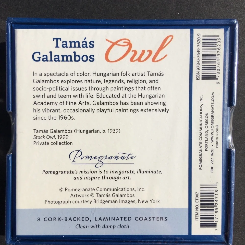 Owl Coasters Tamás Galambos Pomegranate 2 Boxes 16 Coasters Total New